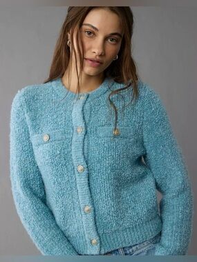 American Eagle Blue Textured Button Cardigan Sweater M NWT Soft Knit Boucle